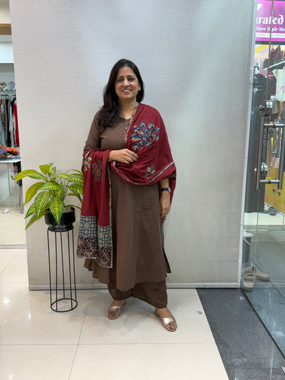 Chocolate Brown Cotton Suit Set with Patchwork Dupatta