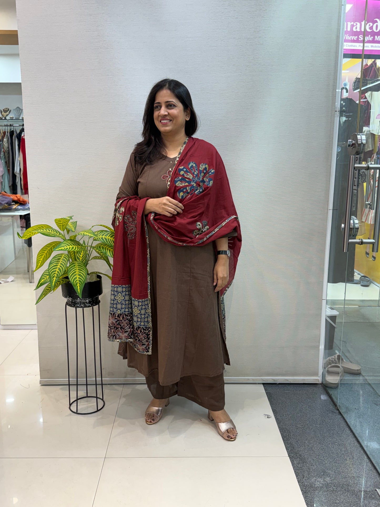 Chocolate Brown Cotton Suit Set with Patchwork Dupatta