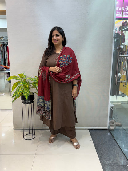 Chocolate Brown Cotton Suit Set with Patchwork Dupatta