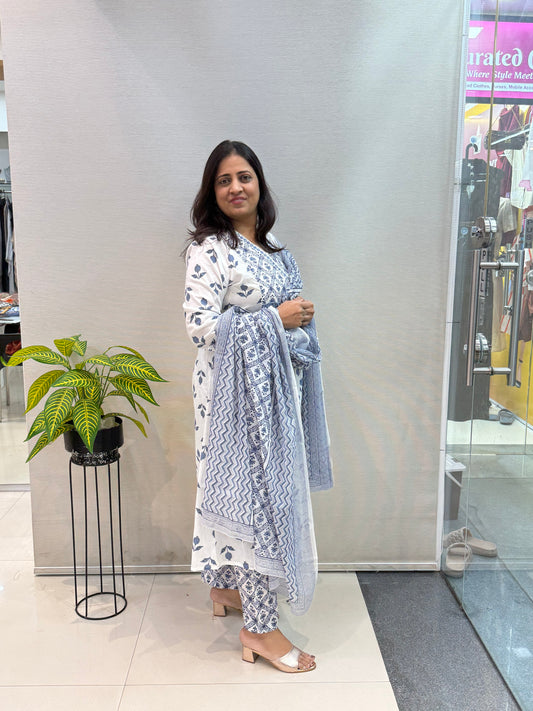 Blue & White Pure Cotton A-Line Suit Set