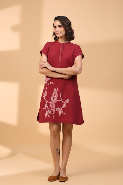 Maroon Parrot Embroidered Short Tunic