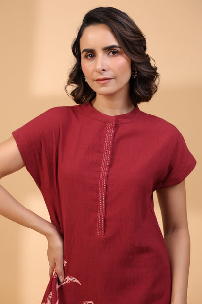 Maroon Parrot Embroidered Short Tunic
