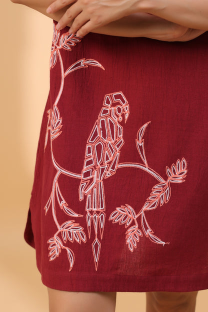 Maroon Parrot Embroidered Short Tunic